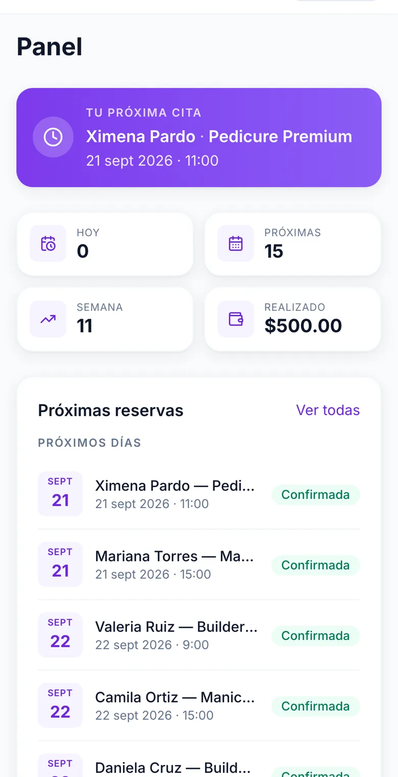 Panel de Tase Booking en el teléfono: próxima cita, citas de hoy, de la semana y total cobrado.